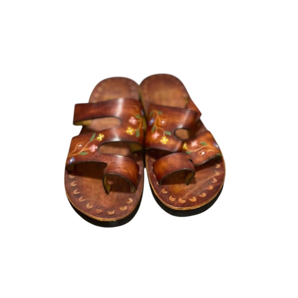 Handmade Artisanal Huarache 9 boho embossed leather mexicana whimsical sandal - Picture 3 of 7